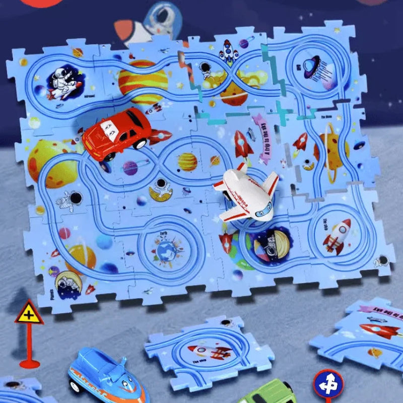 Circuit-puzzle educativo con vehículos eléctricos