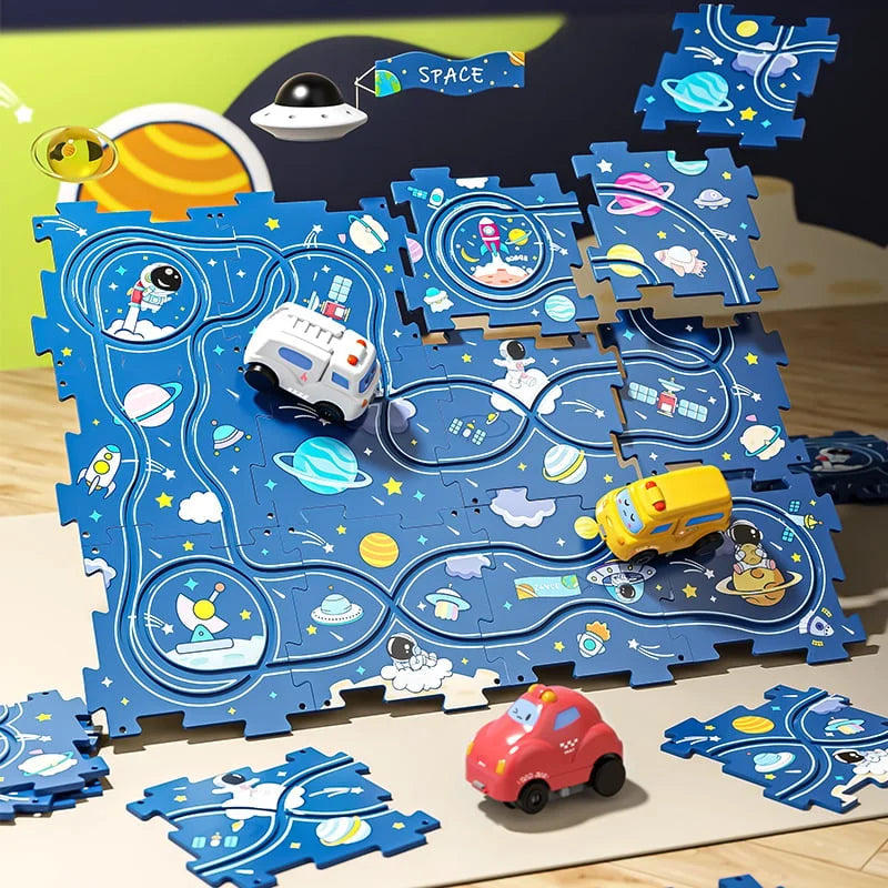 Circuit-puzzle educativo con vehículos eléctricos